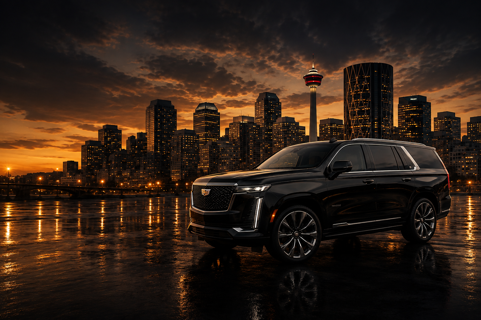 Black Cadillac Escalade at sunset with the Calgary skyline behind it